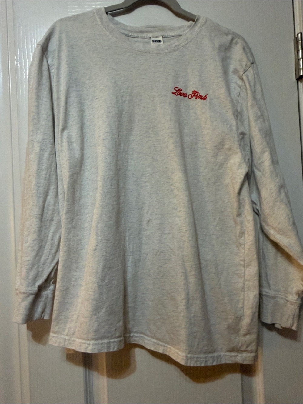 PINK Victoria's Secret Light Gray Long Sleeve Tee with Red Logo